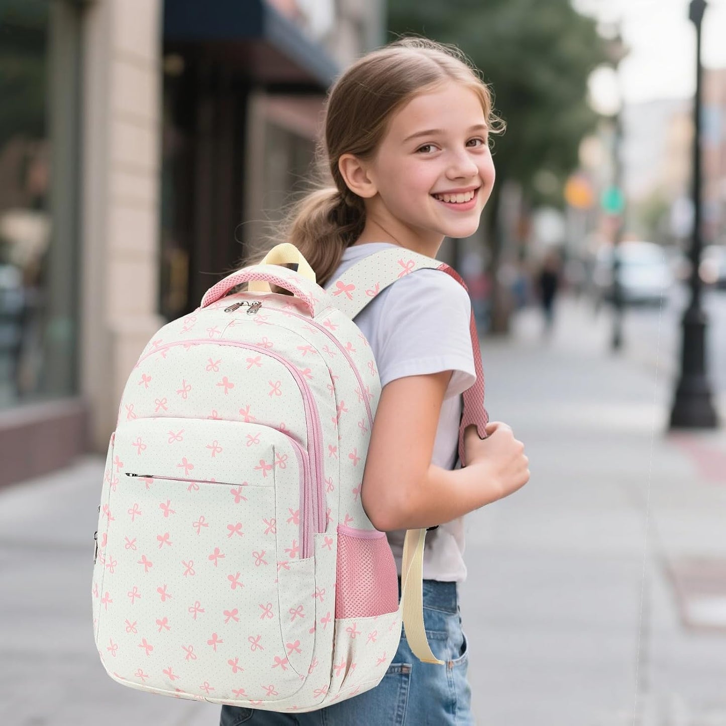 LEDAOU School Backpack for Girls Boys Kids Bookbag Elementary Primary Middle School Bag Travel Back Pack for Ages 6-14 (Pink Bow)