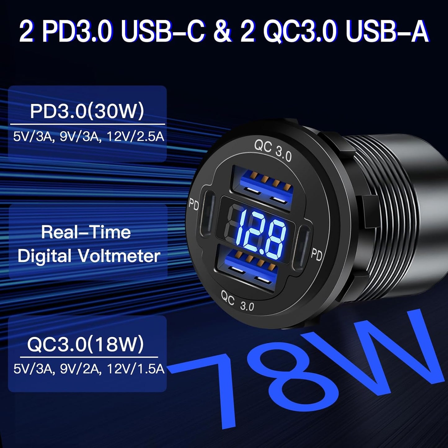 2 Pack 4 Port 12V Aluminum Car Charger - 78W Dual PD & QC Multiple USB Port Socket with Voltmeter, USB C Outlet, 12 Volt Cigarette Outlet Replacement for Marine Boat RV Truck Golf Cart Bus