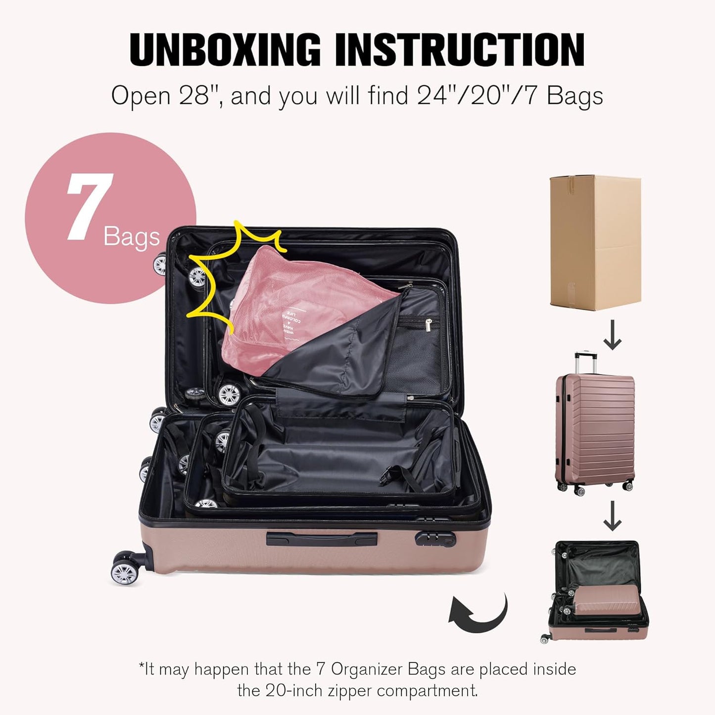 10 Piece Luggage Sets, 3 Piece Suitcase Set, 20 inch Carry on Luggage, 24 inch and 28 inch Checked Luggage with 7PC Packing Bags