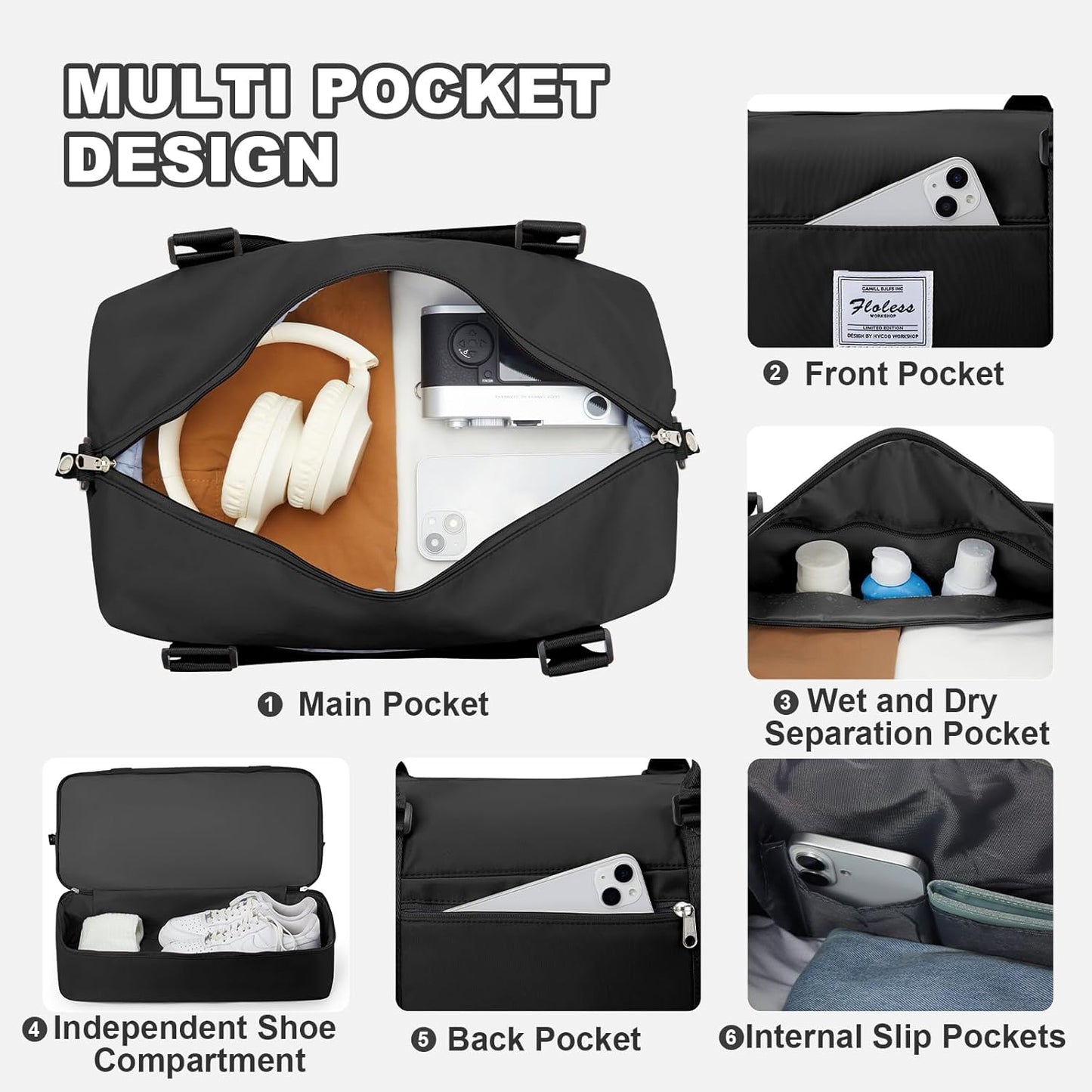 Travel Duffel Bag, Sports Tote Gym Bag, Shoulder Weekender Overnight Bag for Women