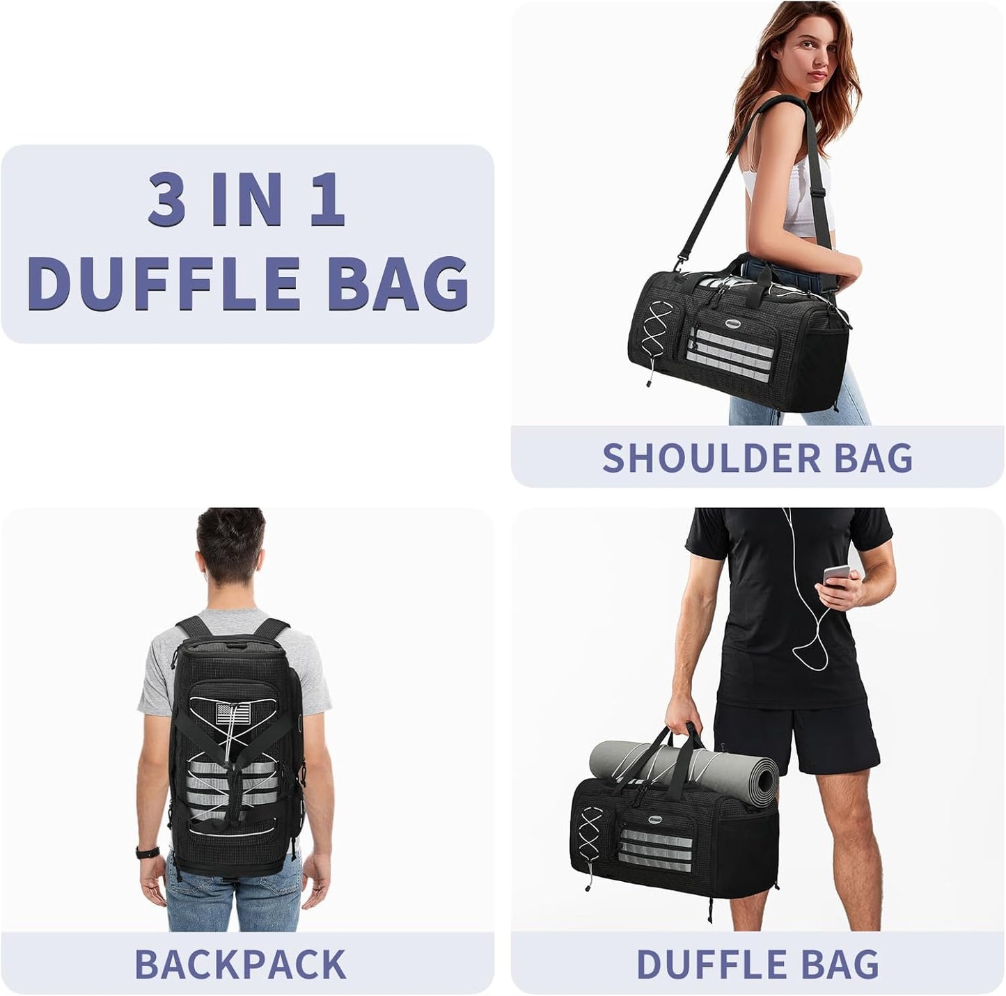 Bosstin Gym Bag for Men & Women,45L Travel Duffle Sports Duffel Bag Gym Weekender Overnight Backpack with Shoe Compartment (BLACK CHECKERED)