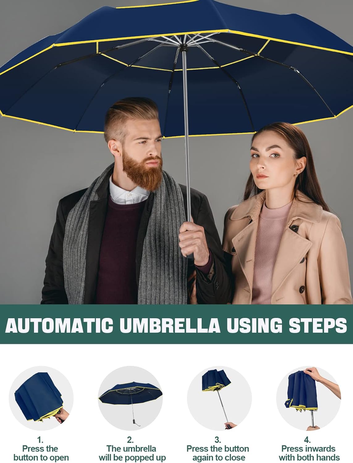 Kalolary 62 Inch Automatic Golf Umbrella - Extra Large Folding, Windproof, Compact, Double Canopy, Travel Folding, Oversize Rain Umbrella for Home Family Use