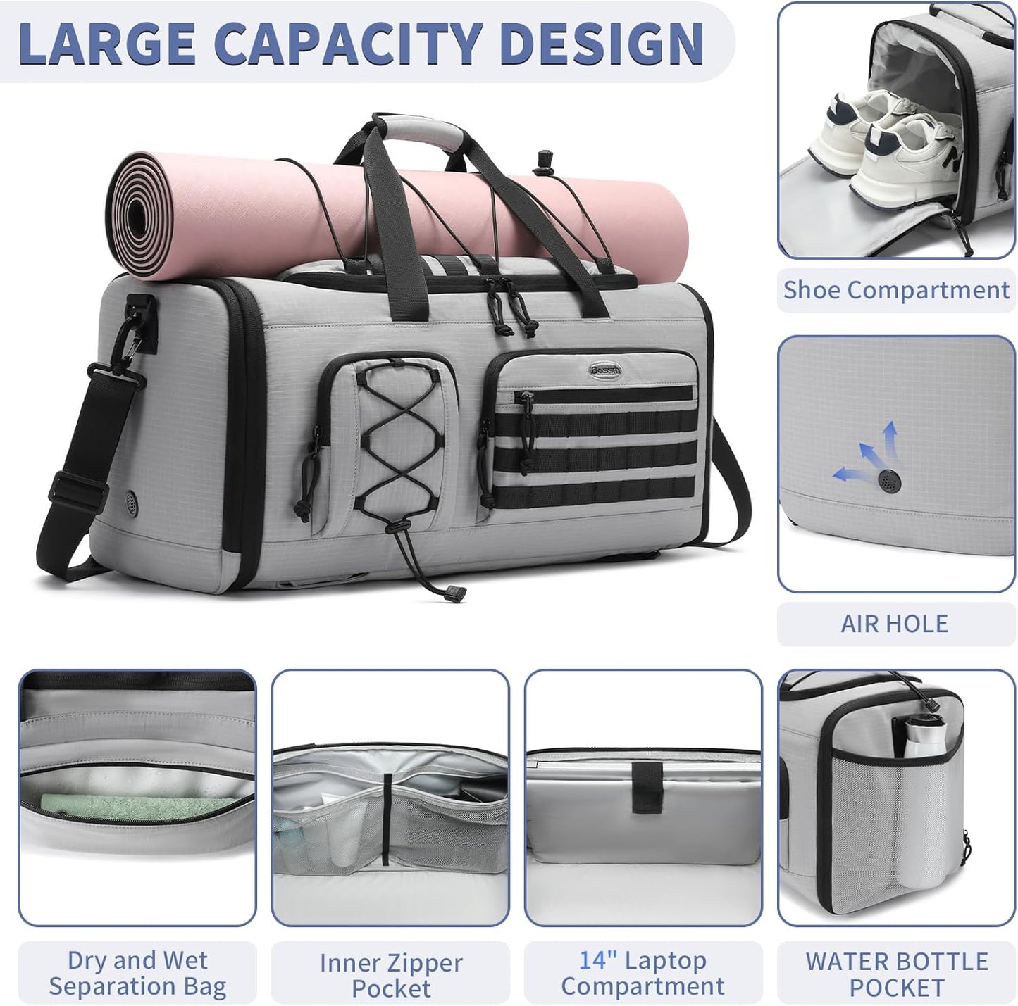 Bosstin Gym Bag for Men & Women,45L Travel Duffle Sports Duffel Bag Gym Weekender Overnight Backpack with Shoe Compartment (GREY CHECKERED)