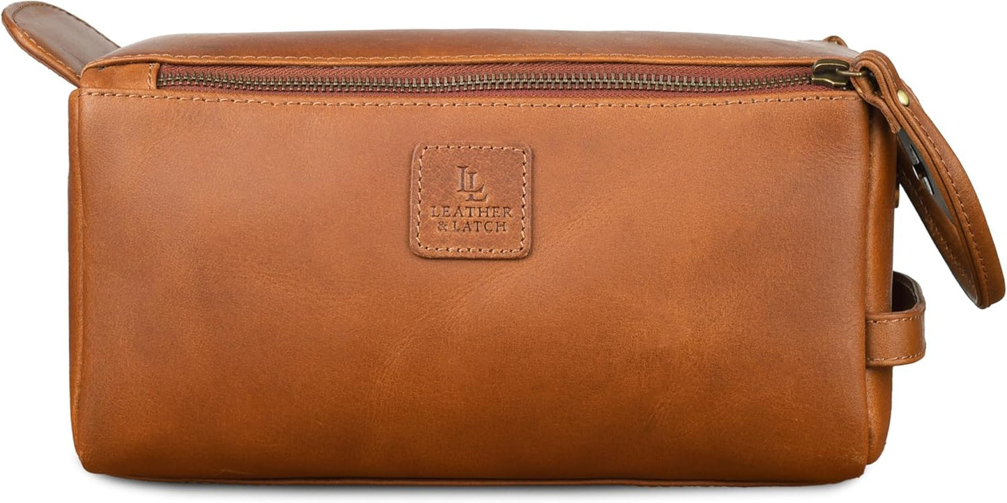 Leather Travel Toiletry Bag for Men & Women – Genuine Leather Dopp Kit, Shaving Organizer, Waterproof Lining, Spacious Toiletry Organizer Gift for Unisex - Cognac Brown