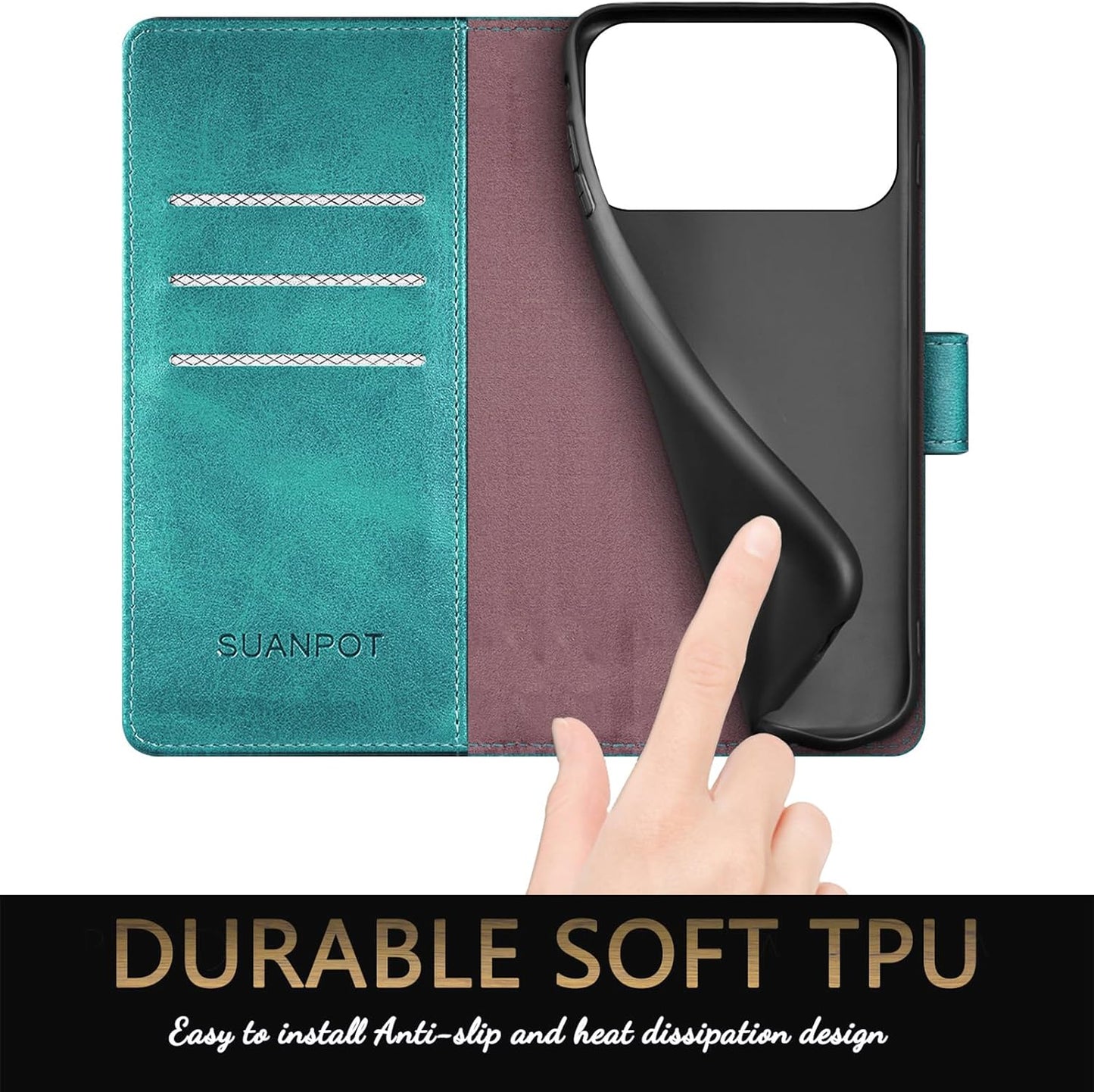 SUANPOT Compatible with iPhone 17 Pro Max 6.9" Wallet case with RFID Blocking Credit Card Holder,Flip Book PU Leather Protective Cover Women Men for Apple 17 Pro Max Phone case Blue Green