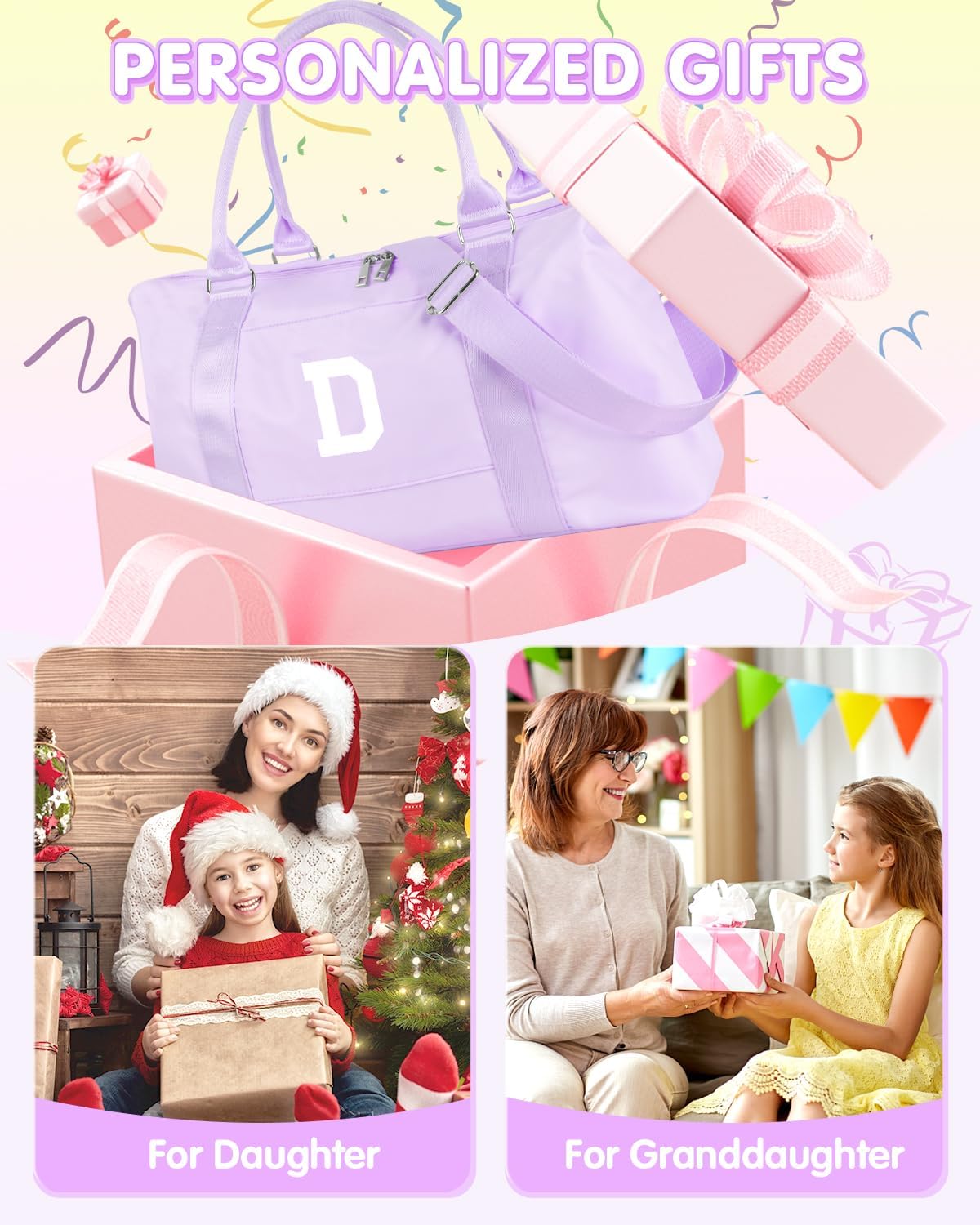 Daughter Niece Gifts for Teen Girl Kids, Initial Travel Duffel Bag Sports Gym Bag Personalized Gifts Weekender Bag，Monogram Overnight Bag Cute Dance Bag Birthday Bridesmaid Gifts for Women(Purple, D)