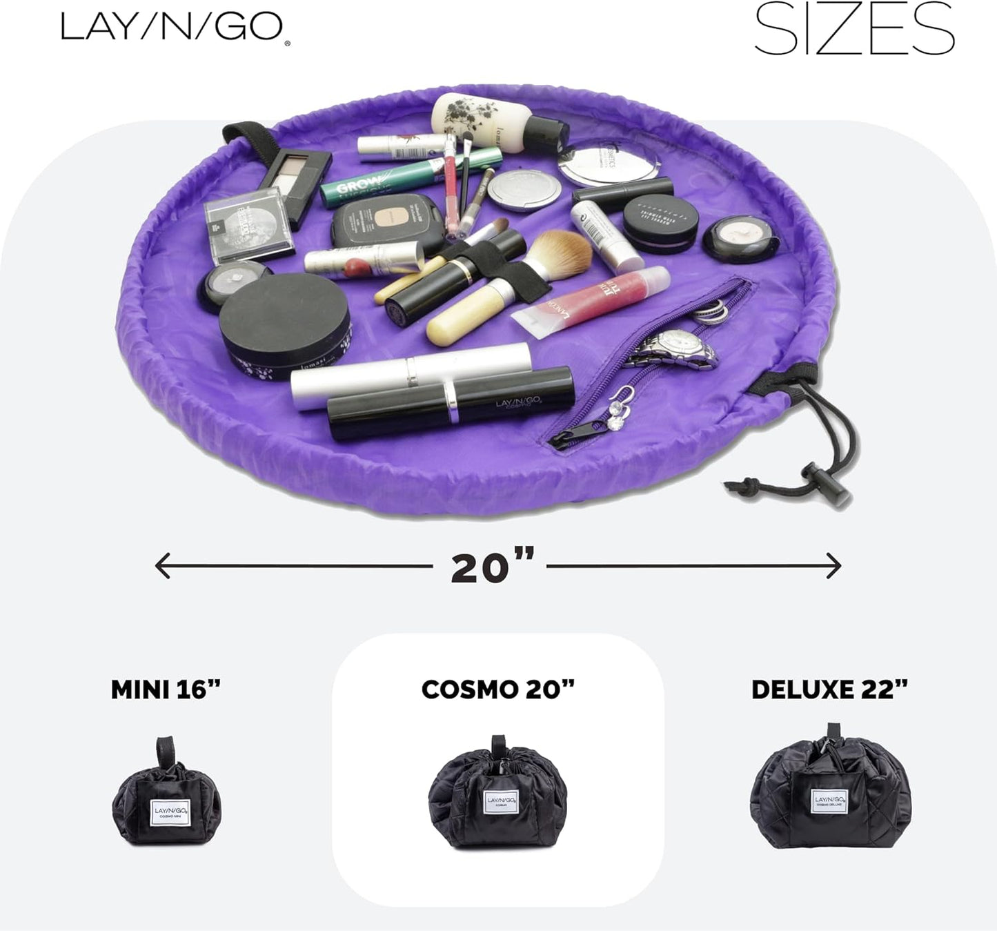 Lay-n-Go Cosmo Layflat Drawstring Cosmetic & Makeup Bag Organizer w/Zipper Pocket, Brush Loops & More, Cinch to Close, Lay Flat to Use, Durable, Machine Wash, Travel Toiletry Bag (20", Purple)