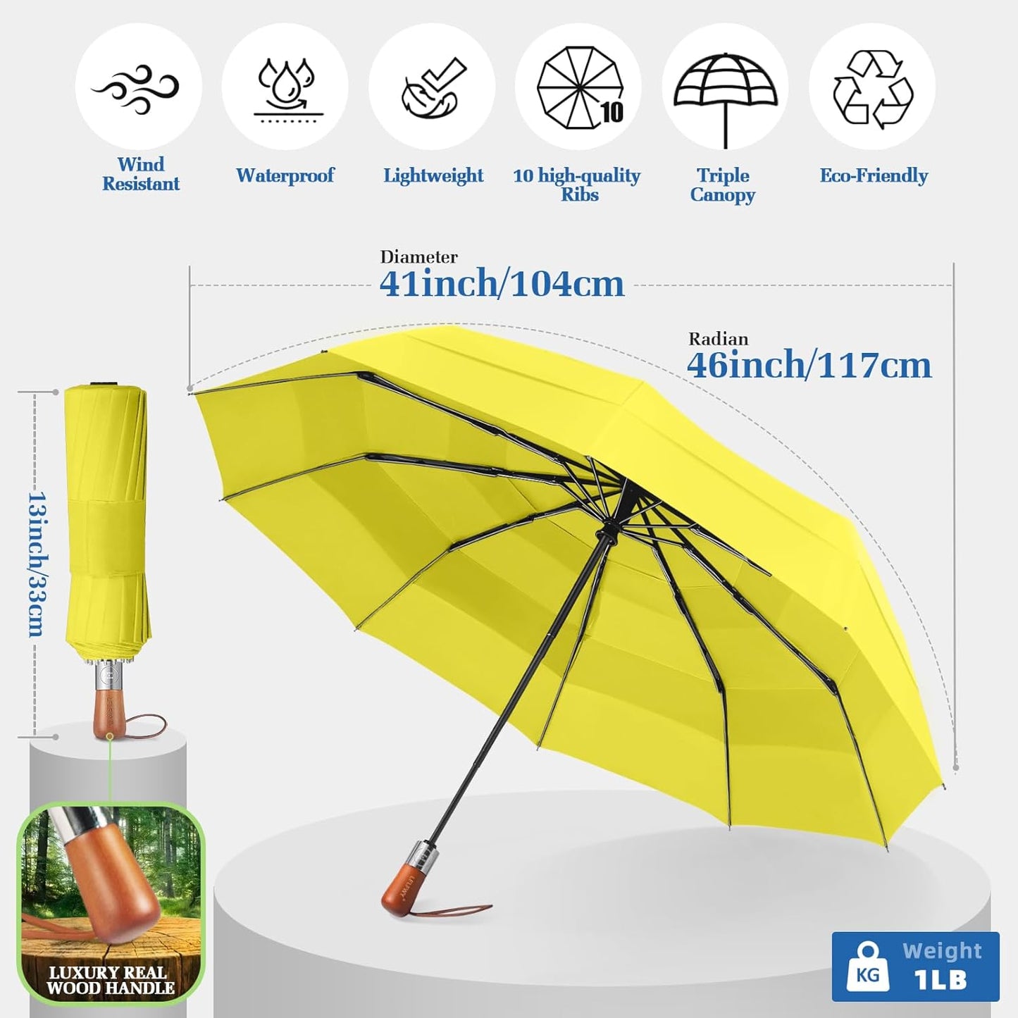 Umbrella Strong Windproof, Triple-Layer Canopy, 10 Fiberglass Ribs, Auto Open/Close, Wooden Handle, Sleeve with Anti-Loss Hook, Umbrellas for Travel & Commute & Daily Use & Gift