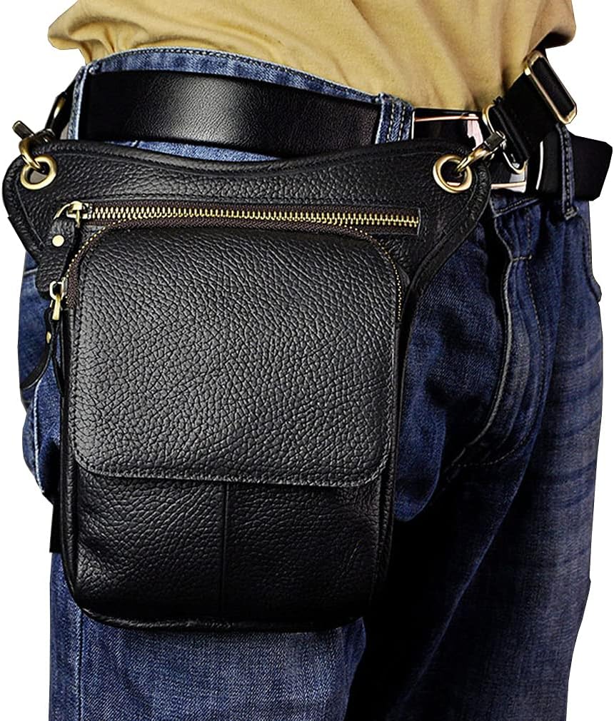 Leather Waist Pack Drop Leg Bag for Men Women Belt Bumbag Multi-Purpose Motorcycle Bike Outdoor Sports Tactical Cycling Riding Hiking Camping Pouch