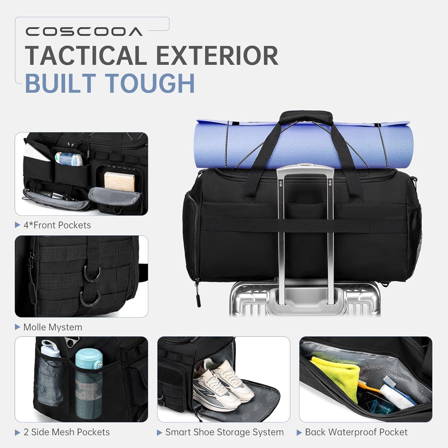 Gym Bags for Men with Shoe Compartment 50L Tactical Duffle Bag 3 in 1 Carry on Duffel Bag Travel Backpack Weekender Overnight Range Bag for Workout Football, Black