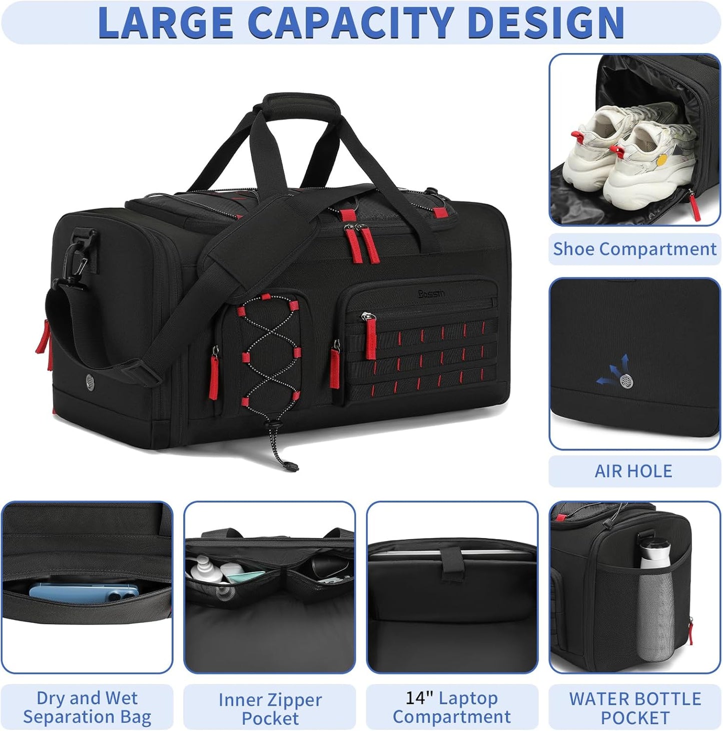 Bosstin Gym Bag for Men & Women, 45L Travel Duffle Sports Duffel Bag Gym Weekender Overnight Backpack with Shoe Compartment (Black)