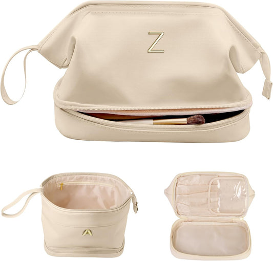 Birthday Gifts for 14 15 16 17 18 19 Year Old Girls, Initial Large Makeup Bags, Personalized Double Layer Cosmetic Bag with Makeup Brush Organizer,Gifts for Women Girlfriend Friends Female