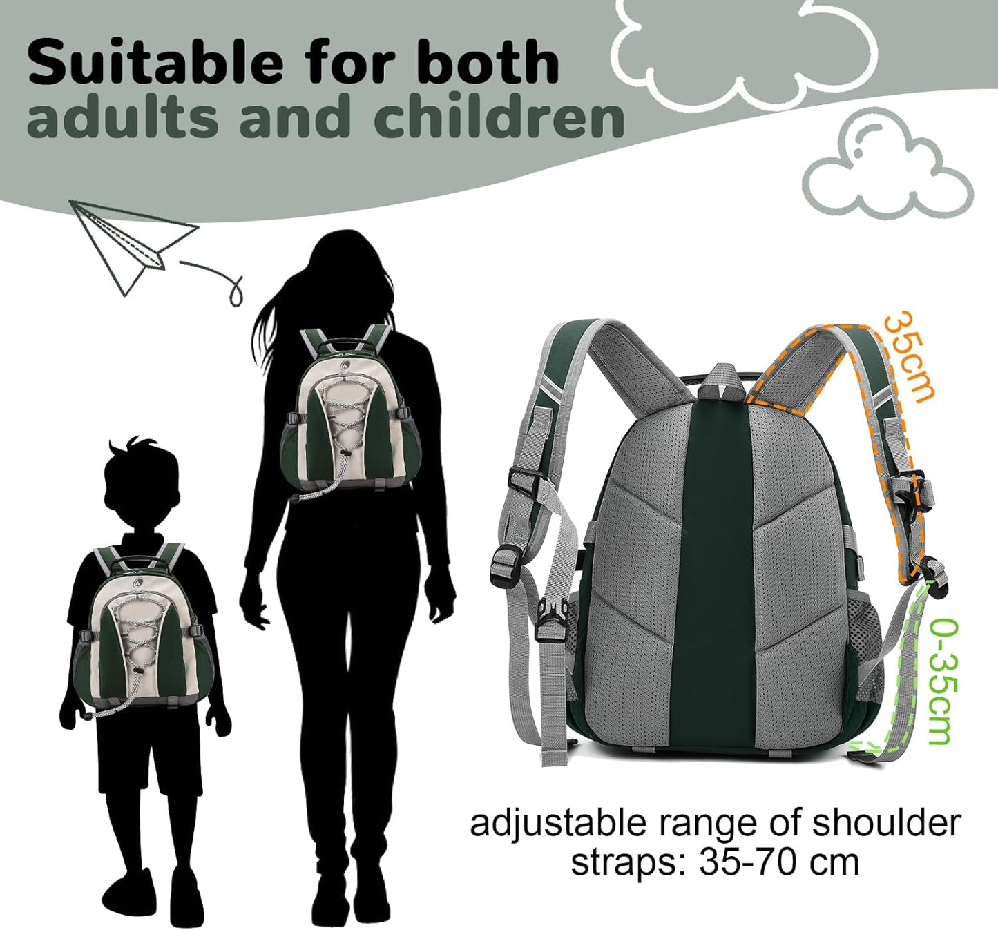 10L Mini Kids Hiking Backpack with Chest Strap for Girls Boys, Small Hiking Daypack with Padded Straps for Men Women, Green