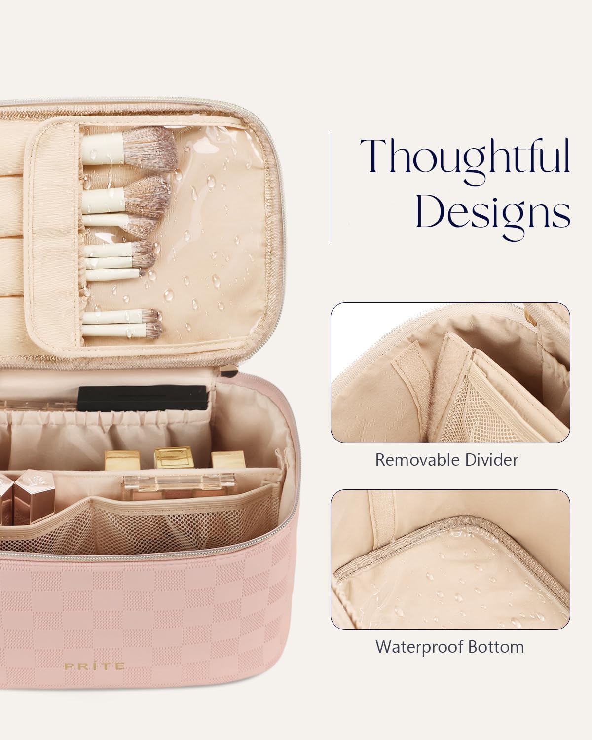 Prite Makeup Bag Portable Cosmetic Organizer with Brush Holder Waterproof Travel Toiletry Bag for Women with Handle and Divider (Checkered Pink)