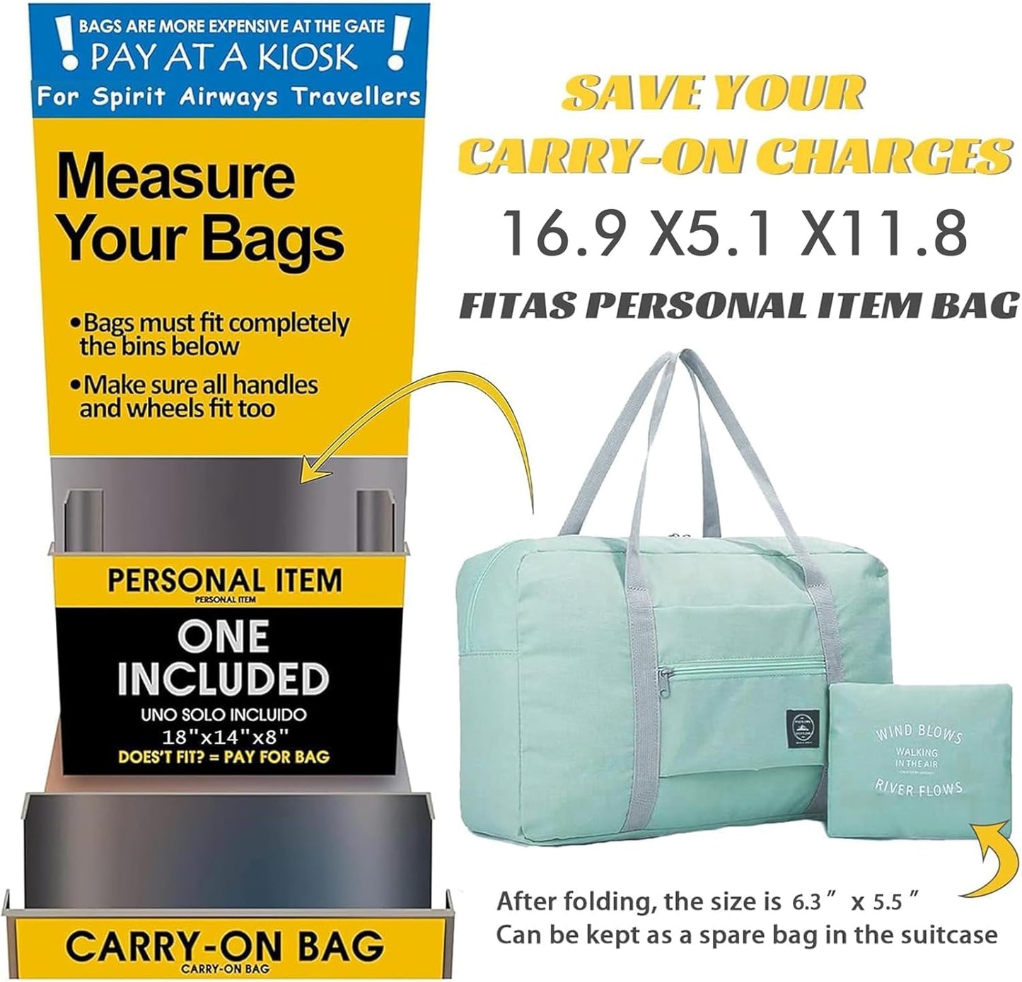 12PCS For Spirit Airlines Personal Item Bag Travel Bag Carry on Luggage Foldable Duffel Bag Sports Gym Bag Water Resistant Travel Duffel