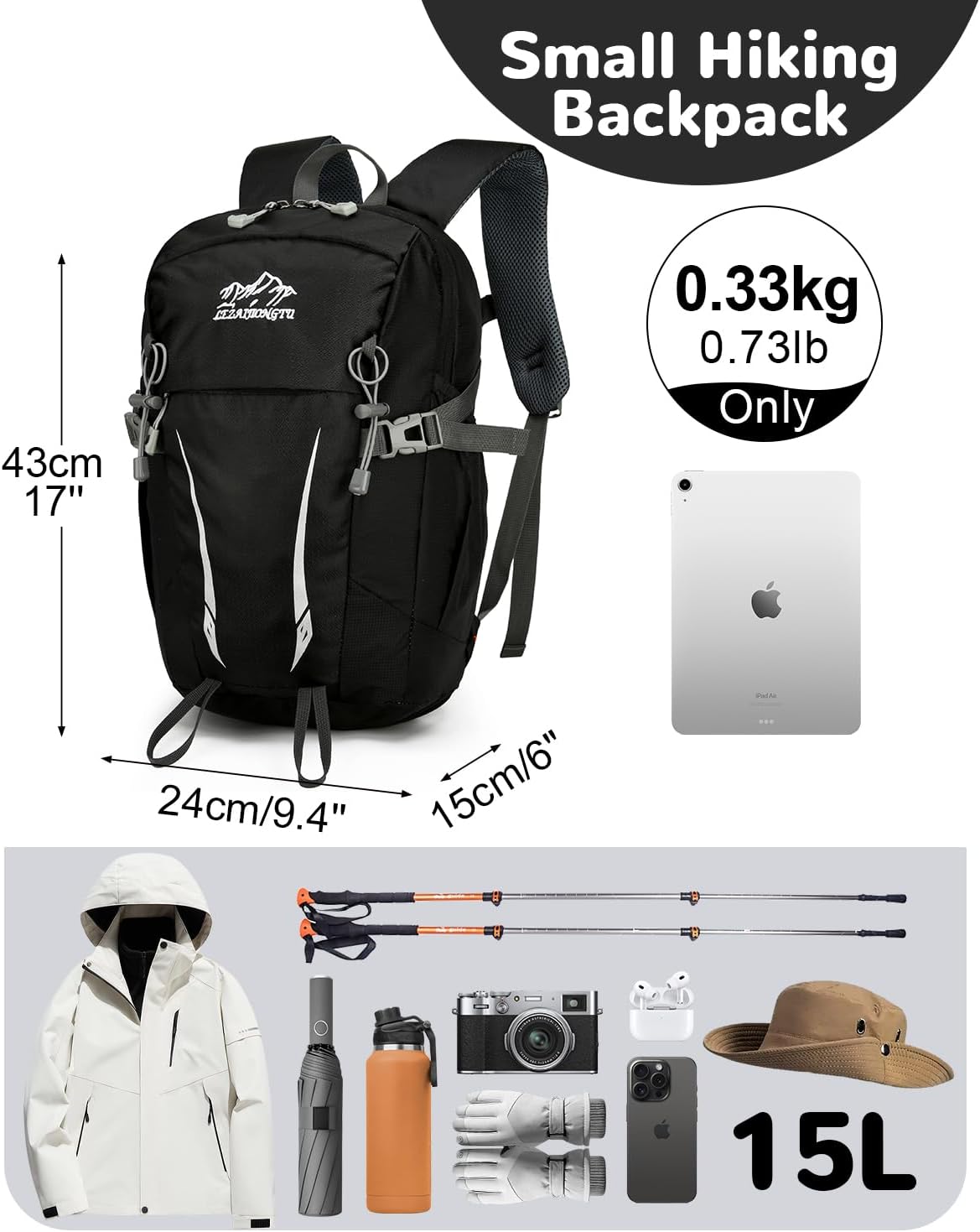 15L Small Padded Hiking Backpack with Chest Strap for Men, Lightweight Waterproof Daypack for Travel, Black