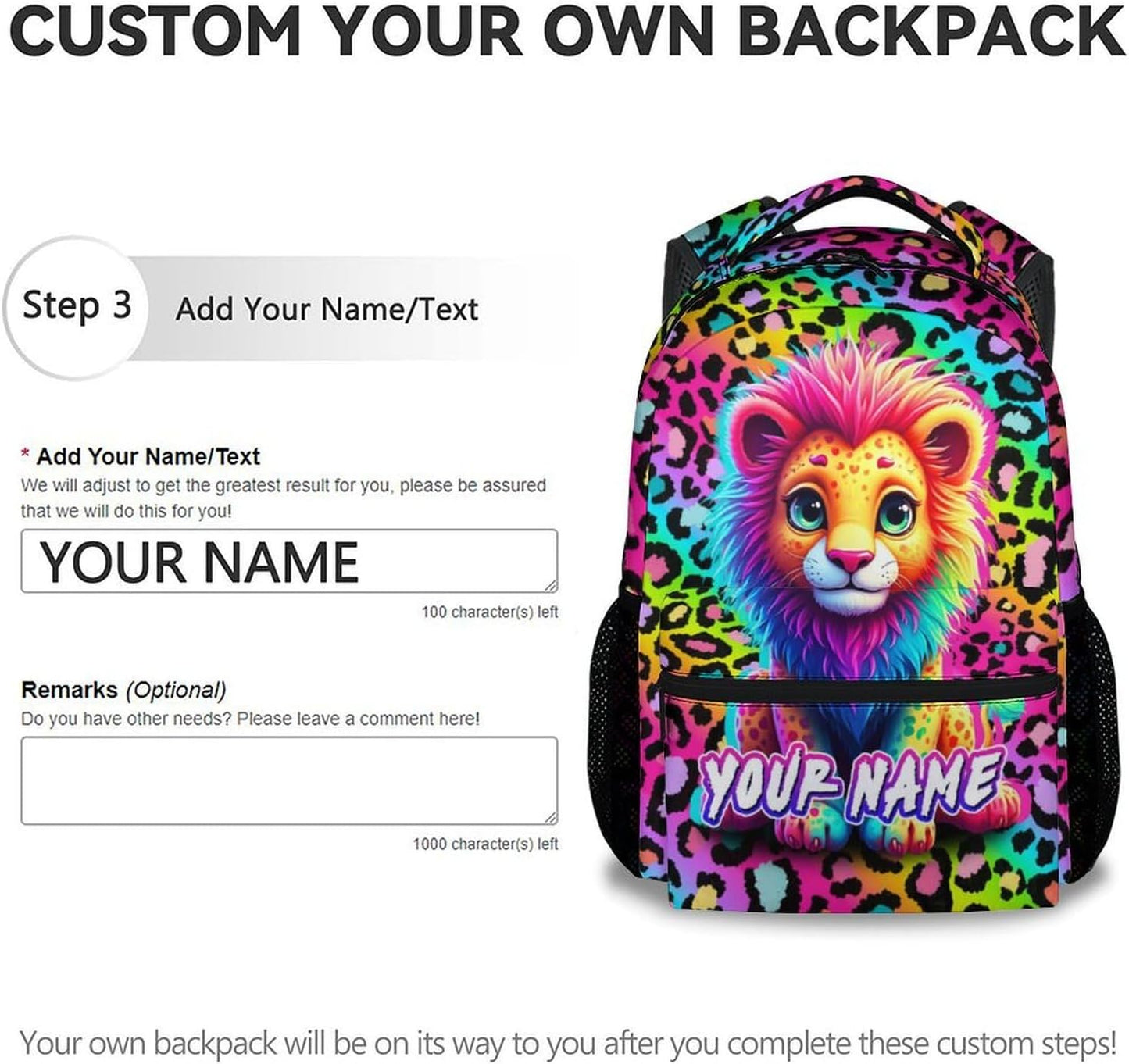 Custom Lion Backpack for Kids - 17 Inch Aesthetic Girls Backpacks for Preschool - Cute Lightweight Durable Animal Print Bookbag for Middle School