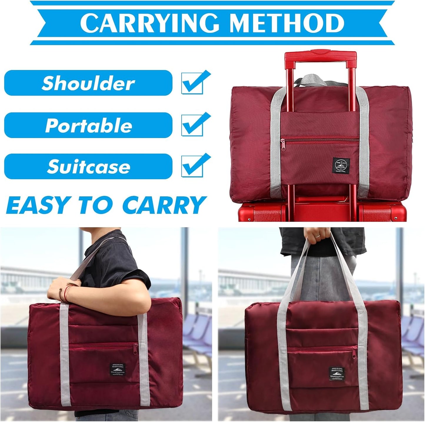 Travel Duffle Bag Tote Carry on Nylon Lightweight Foldable Travel Water Resistant Sports Gym Duffle Weekender Overnight Bag (Red+Pe bag)