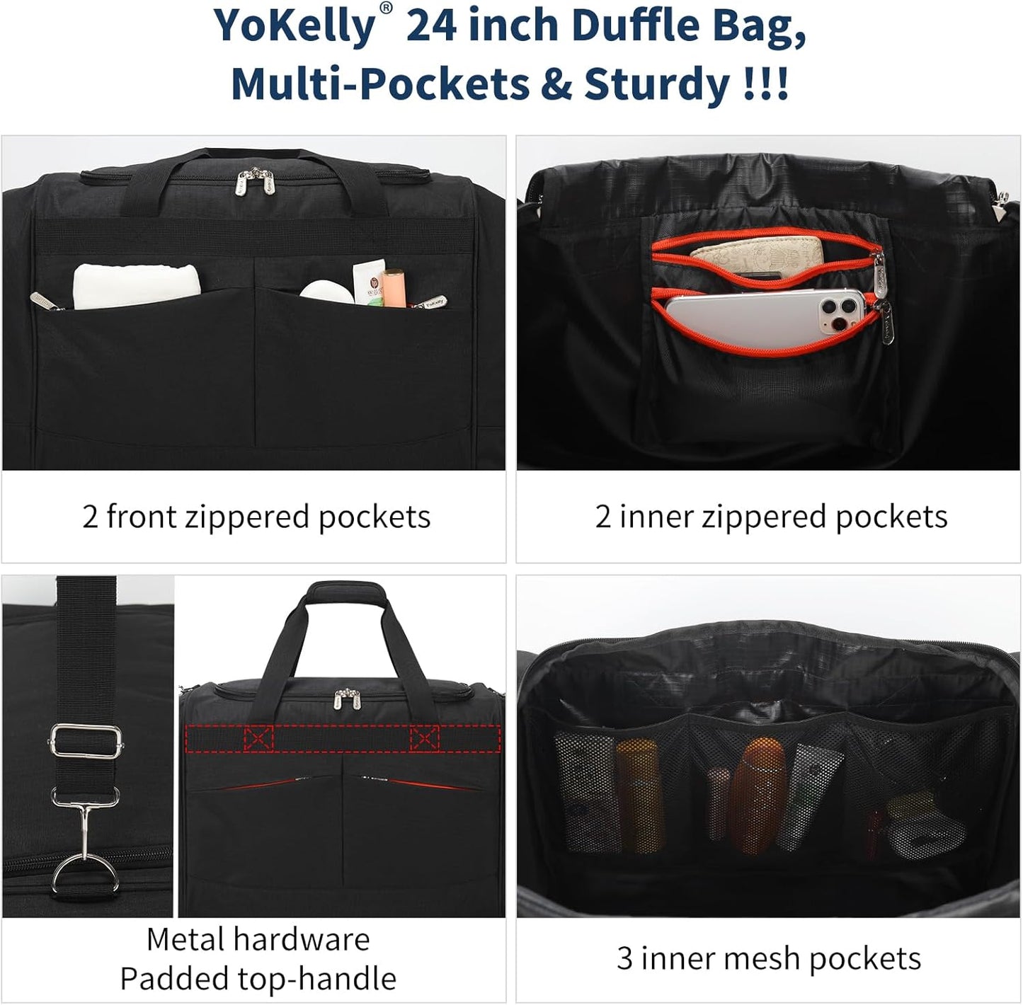 24 inch Large Gym Bag for Men - 65L Hard Bottom Duffle Bag with Shoes Compartment for Sport/Travel - Black