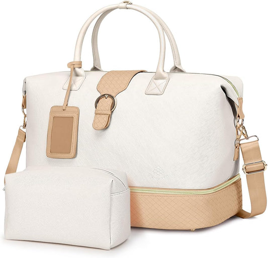 Leather Weekender Bags for Women, Travel Duffel Bag PU Overnight Bag Carry On Tote Bag with Shoe Compartment Wet Pocket