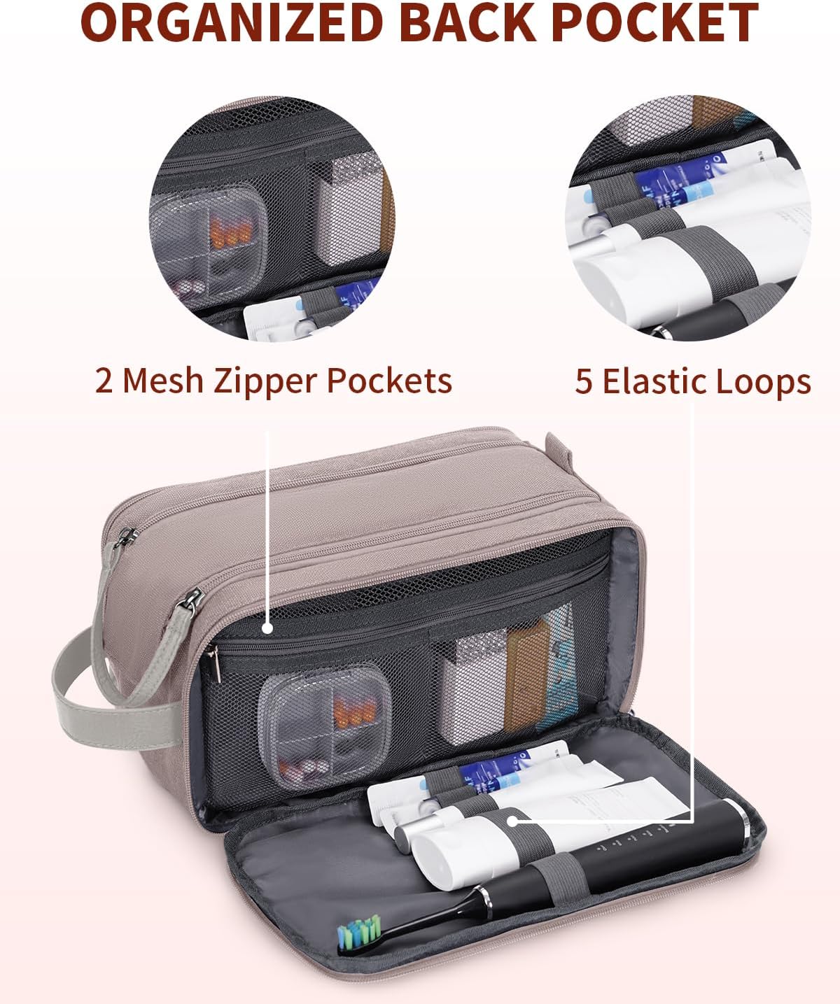 WANDF Toiletry Bag for Men Travel Toiletry Organizer Canvas and Leather Dopp Kit Water-Resistant Shaving Bag for Travel Accessories (Light Pink, Large)