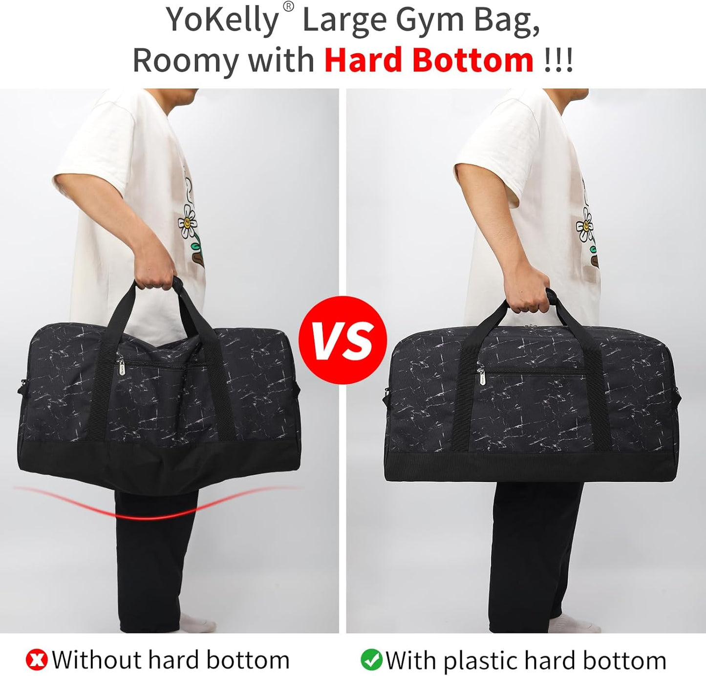 55L Mens Duffle Bag for Travel - 25 inch Sports Duffel Bag with Hard Bottom - Marble Black