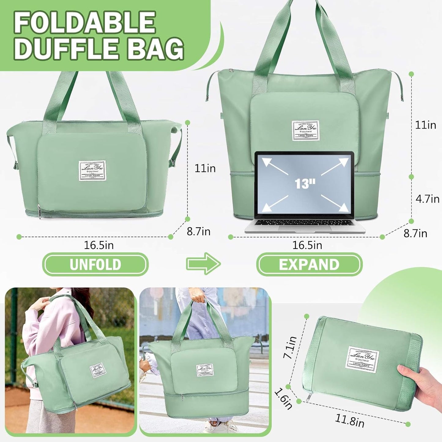 Ranslen Large Capacity Folding Travel Bag,Expansion Travel Duffel Bag with Dry and Wet Separation Portable Travel Duffel Bag