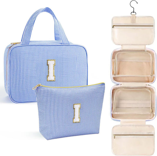 YOOLIFE Travel Toiletry Bag for Women - Hanging Toiletry Bag Initial Makeup Bag, Portable Toiletries Cosmetic Bag, Airplane Travel Essentials - Letter I, Blue