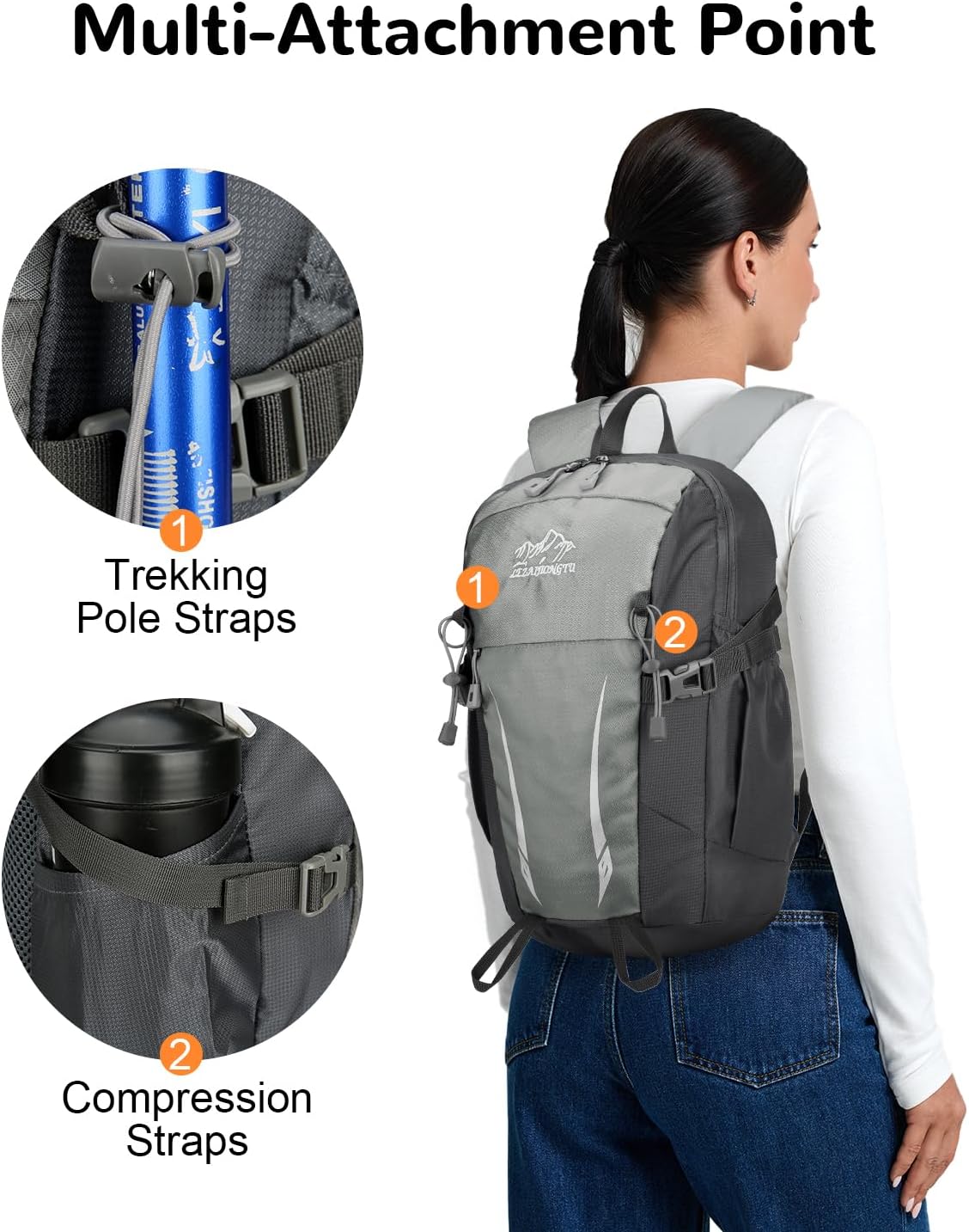 15L Small Padded Hiking Backpack with Chest Strap for Men Women, Lightweight Waterproof Daypack for Travel, Gray