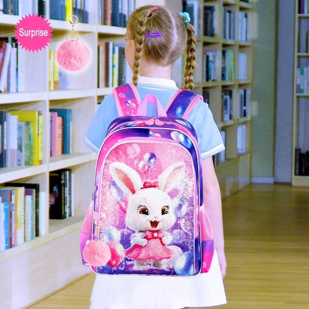 16" Bunny Backpack, 3Pcs Girls Sequin Bookbag for Elementary Preschool Kindergarten, Kids School Backpacks with Lunch Box(Pink)