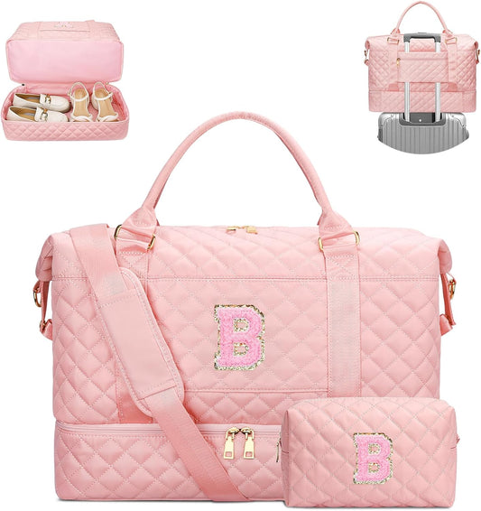 Gifts for Daughter Girls Birthday Christmas Initial Travel Duffle Bag Quilted Weekender Bags Carry-On Overnight with Cosmetic Bag, Gym Bag with Shoe Compartment, Pink-B