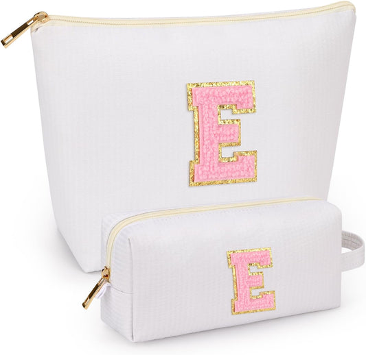 mibasies 2 PCS Initial Makeup Bags for Women: Cosmetic Bag for Travel Toiletry - Personalized Cute Makeup Pouch - Gifts for Grilfriend Wife Moms Bridesmaid - Retirement Travel Gifts - White E
