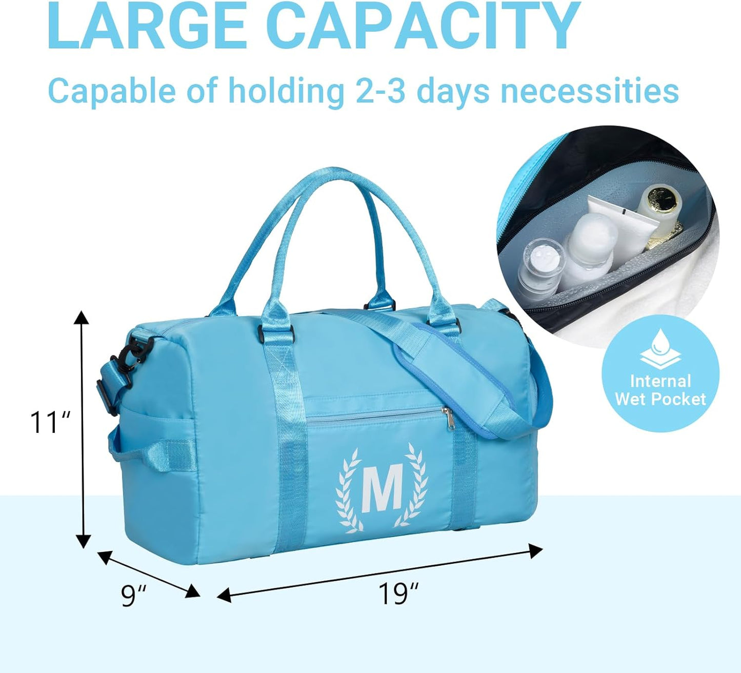 Gym Bag for Women, Personalized Duffle Bag with Shoe Compartment, Sports Bag for Yoga & Dance with Wet Pocket and Mat Strap(AquaBlue,I)