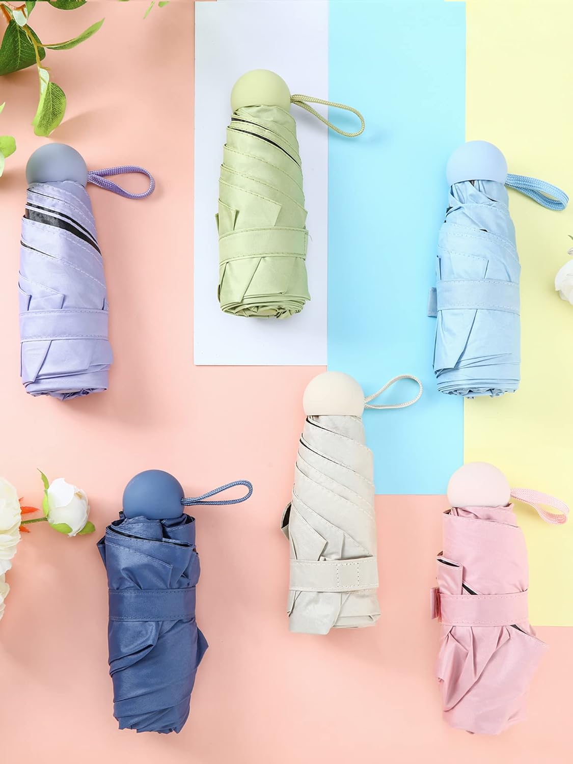 Pinkunn 6 Pieces Travel Mini Umbrella for Purse, Colored Compact Umbrellas, Bulk Small Folding UV Lightweight Portable Windproof Pocket for Sun Rain Protection, Girls Women