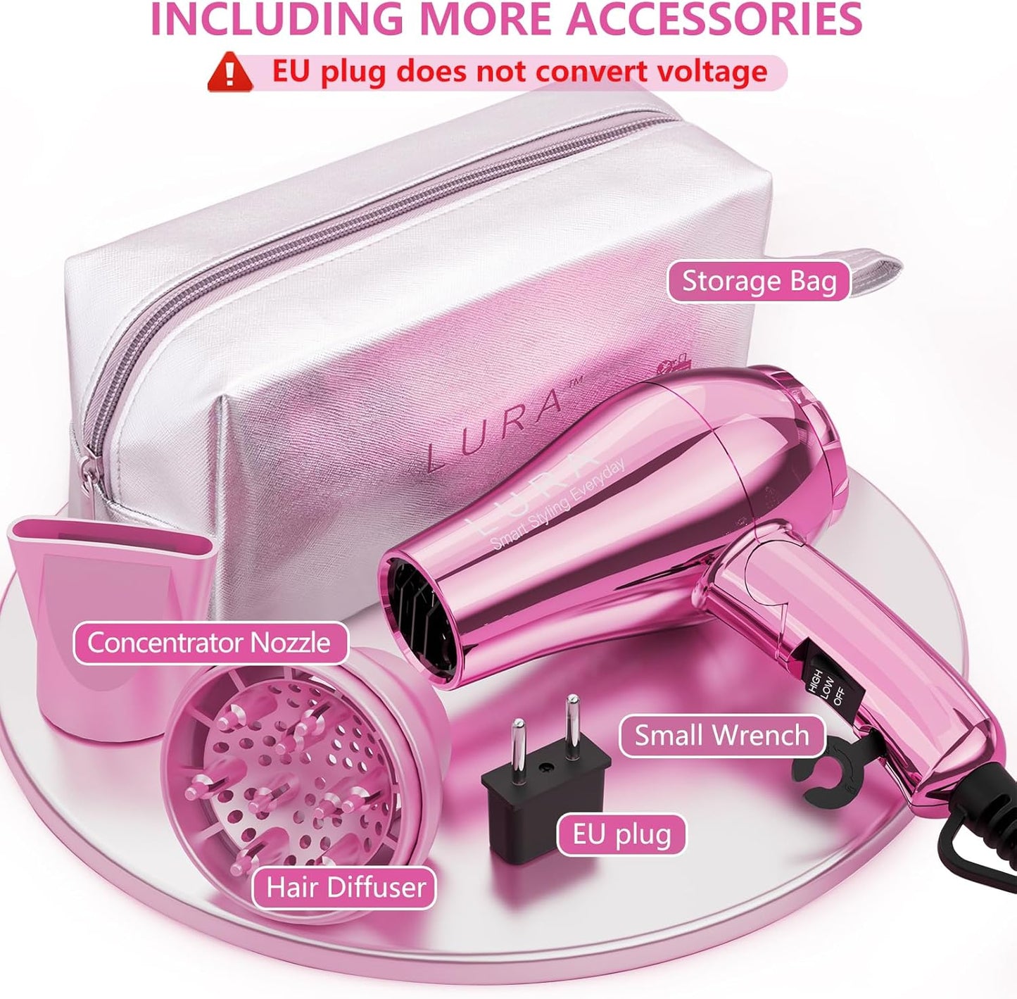 LURA Mini Portable Travel Hair Dryer:Dual Voltage Small Lightweight Blow Dryer with EU Plug,1200W Compact Hairdryer with Folding Handle,with Concentrator&Diffuser Attachment,for Women and Men