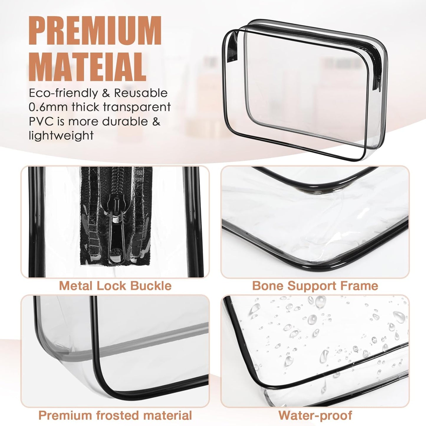 6 Pack Clear Toiletry Bag, TSA Approved Makeup Pouch Water Resistant Portable Travel Organizer, Carry On PVC Cosmetic for Airport Airline Complian