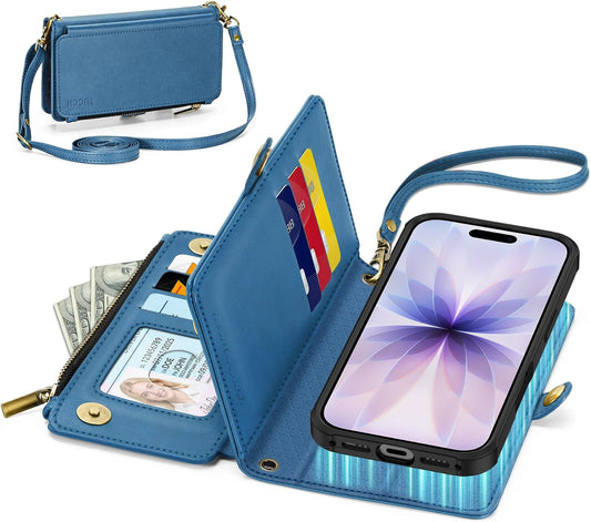 TUCCH Removable Crossbody Case Wallet for iPhone 17 (6.3-inch) 2025, Wireless Charging, RFID Blocking 9 Card Slots, Lanyard, Wrist Strap, Zipper Pocket, PU Leather, Stand Magnetic Cover, Light Blue