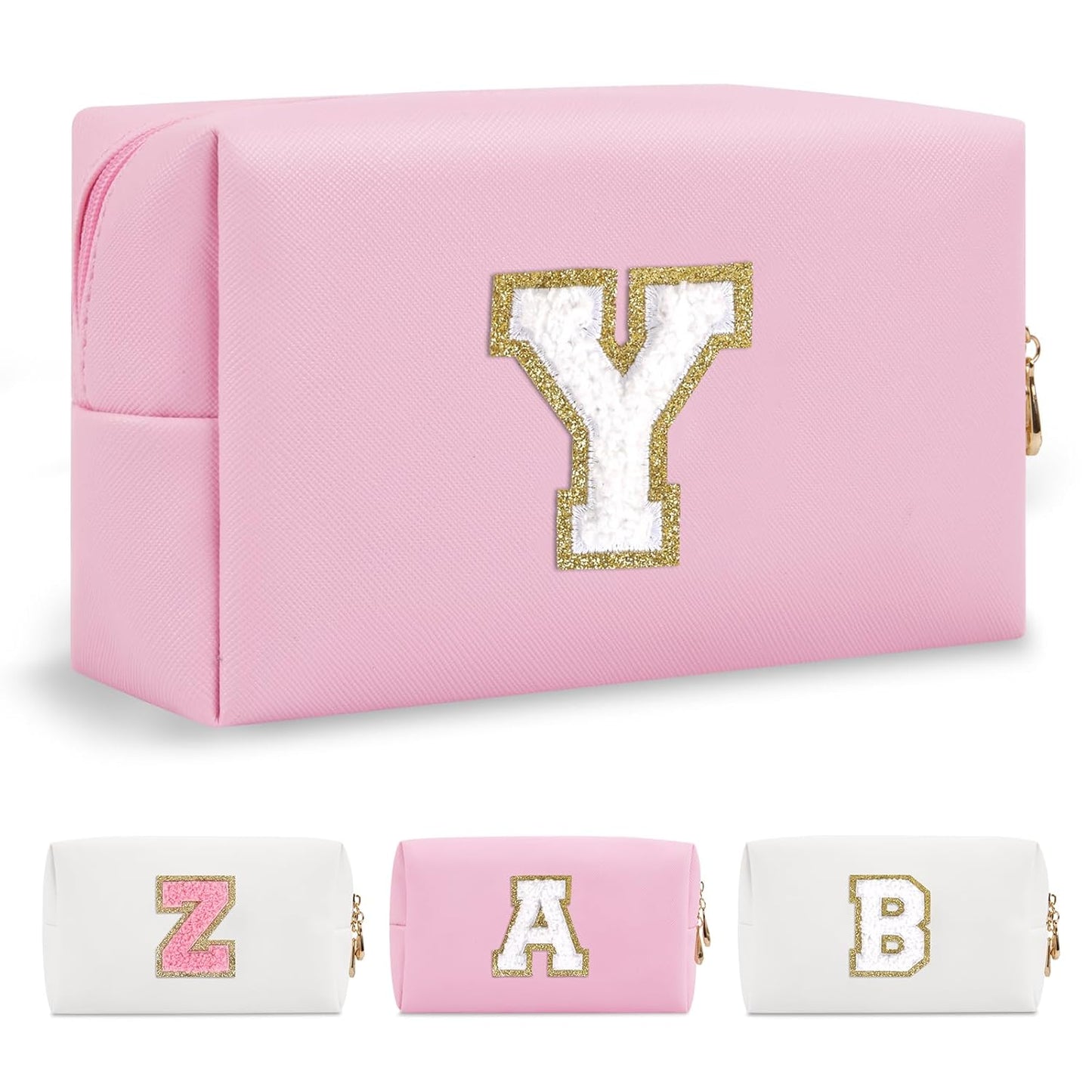 Personalized Initial A-Z Preppy Patch Makeup Bag,Small PU Chenille Letter Cosmetic Bag with Zipper for Teen Girls,Pink Cute Toiletry Organizer Bag,Monogram Makeup Case Gift for Women Girls,Letter Y