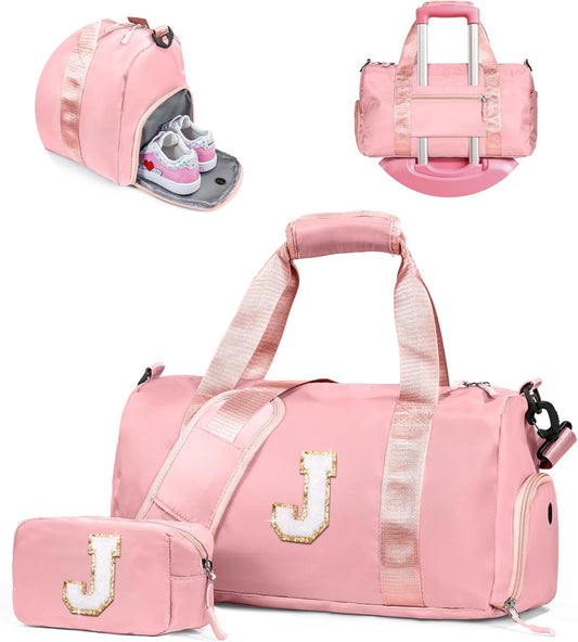 Gifts for Niece-Girl Gym Bag with Shoe Compartment, Kid Personalized Weekender Overnight Bags, Initial Travel Tote with Makeup Pouch, Birthday Gift for Sister Granddaughter (Letter J)