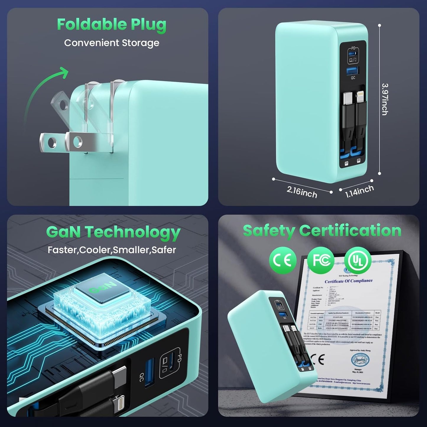 120W USB C Charger Block with 2 Built-in Retractable Cables,4-in-1 GaN IV Foldable Plug Wall Charger Fast Charging Station,PD 65W Laptop Adapter for MacBook/iPad,iPhone 17/16/15,Galaxy,Android-Green