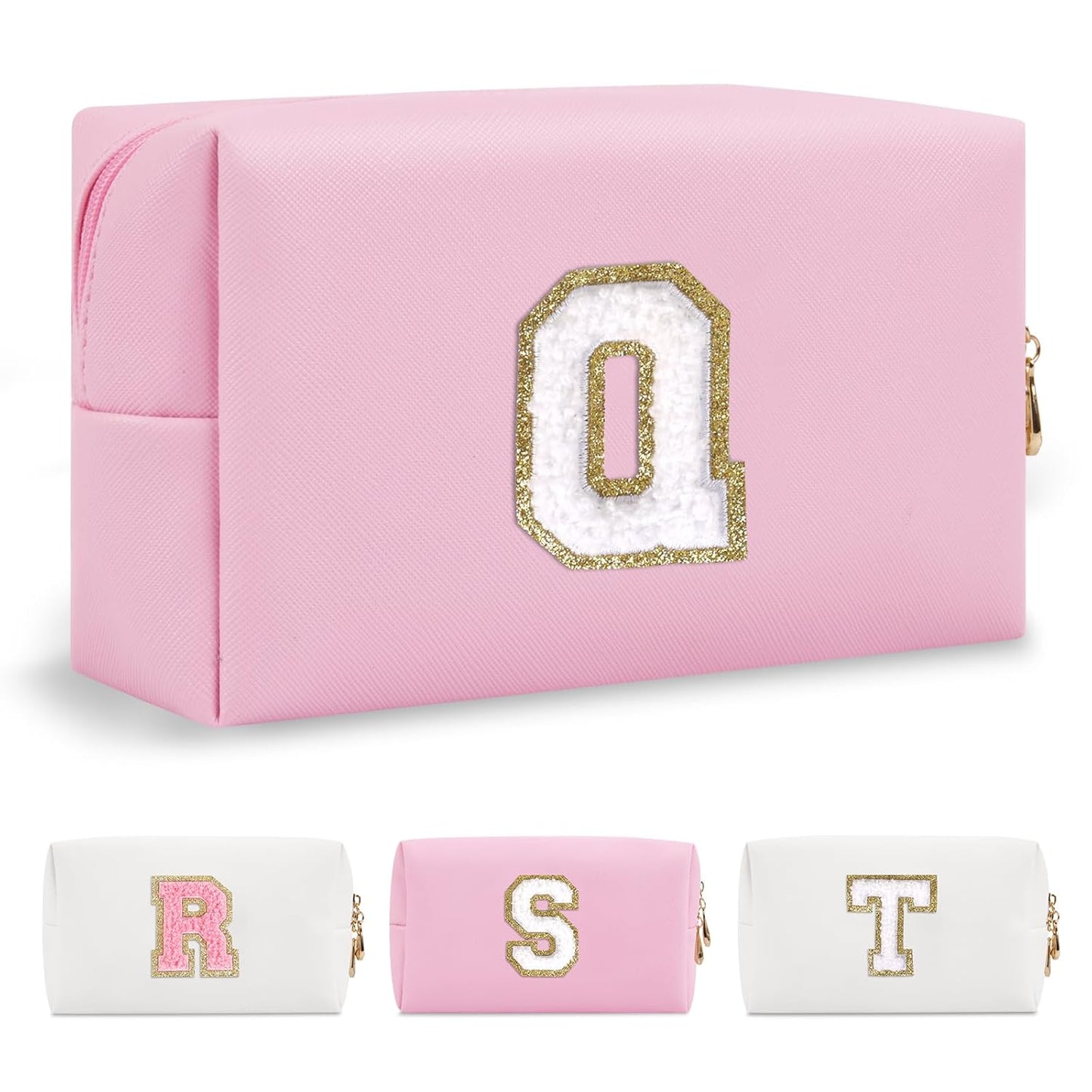 Personalized Initial A-Z Preppy Patch Makeup Bag,Small PU Chenille Letter Cosmetic Bag with Zipper for Teen Girls,Pink Cute Toiletry Organizer Bag,Monogram Makeup Case Gift for Women Girls,Letter Q
