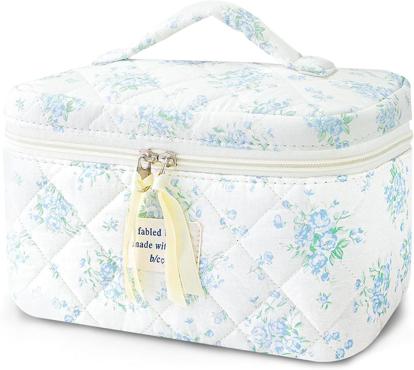 Large Travel Quilted Makeup Bag for Women, Floral Cotton Cosmetic Bag Cute Coquette Aesthetic Floral Toiletry Organizer Bag for Girls Little Blue Rose Cosmetic Zipper Storage Bag