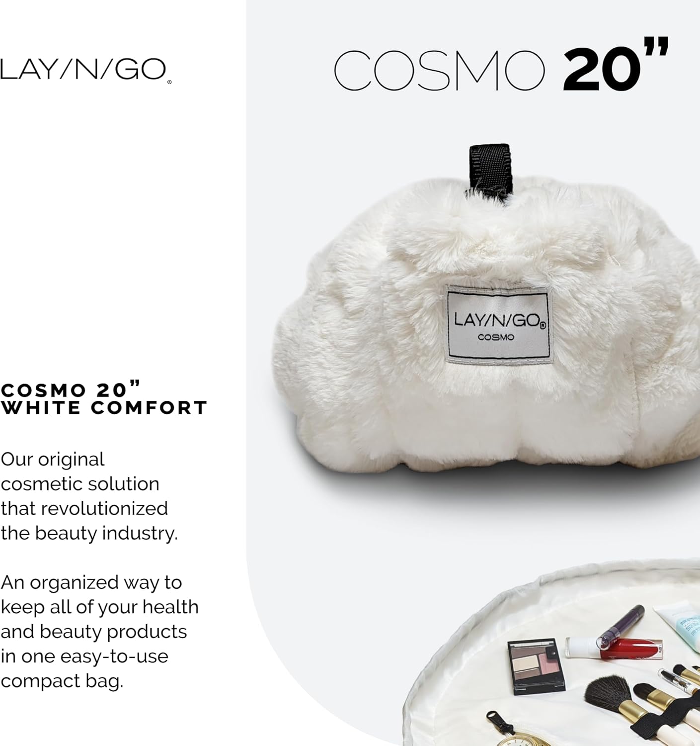 Lay-n-Go Cosmo Drawstring Cosmetic & Makeup Bag Organizer - Portable Drawstring Makeup Bag w/Zipper Pocket, Makeup Loops & More - Durable, Machine Washable Toiletry Bag (20", Comfort/White)