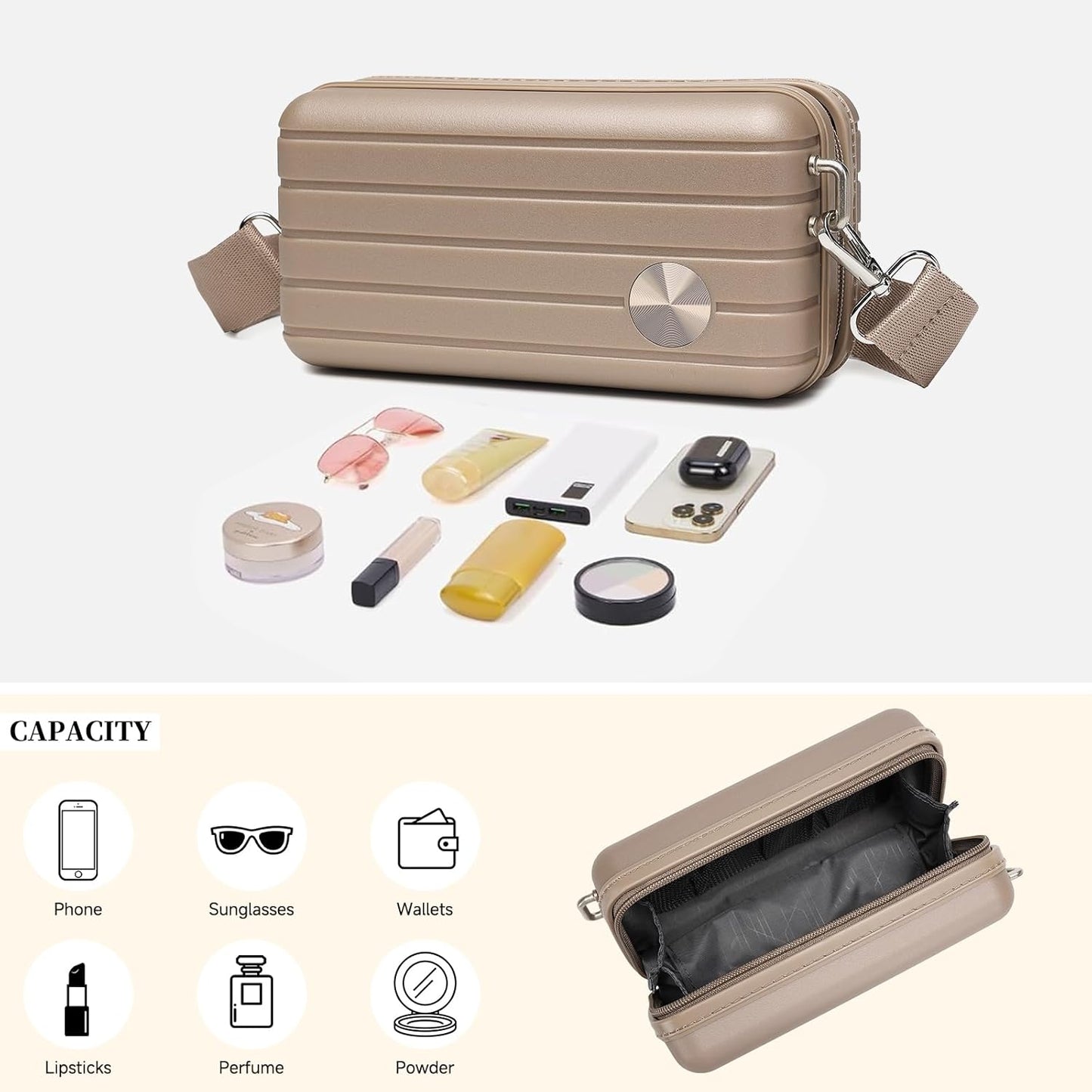 Somago Hard Shell Suitcase Handbag with Adjustable Strap Mini Cosmetic Handbag Cell Phone Purse Bag for 6.9" Shoulder Bag(Noble Golden)