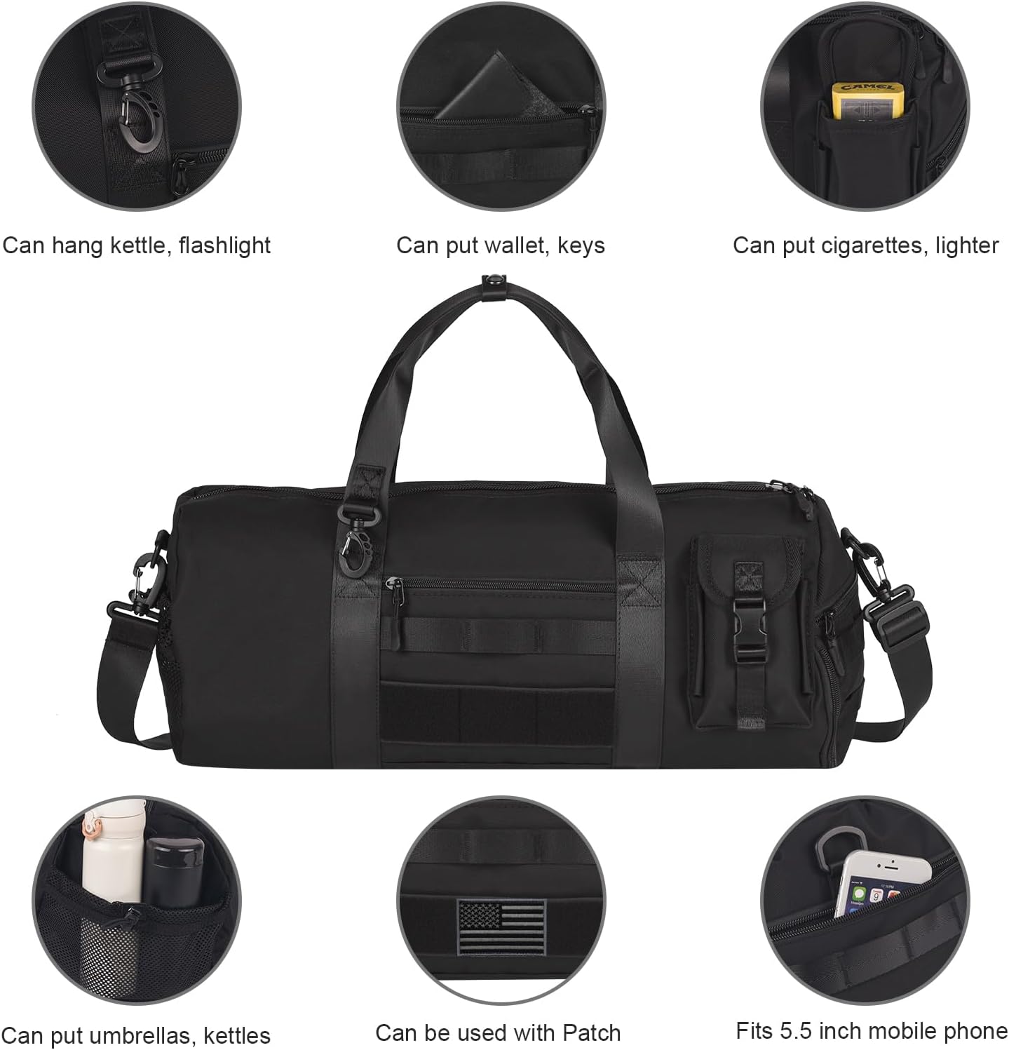ArcEnCiel Medium Tactical Duffle Bag Men Gym Pack Molle Shoulder Bags Shoes Storage Sports Handbag with Patch(Black)