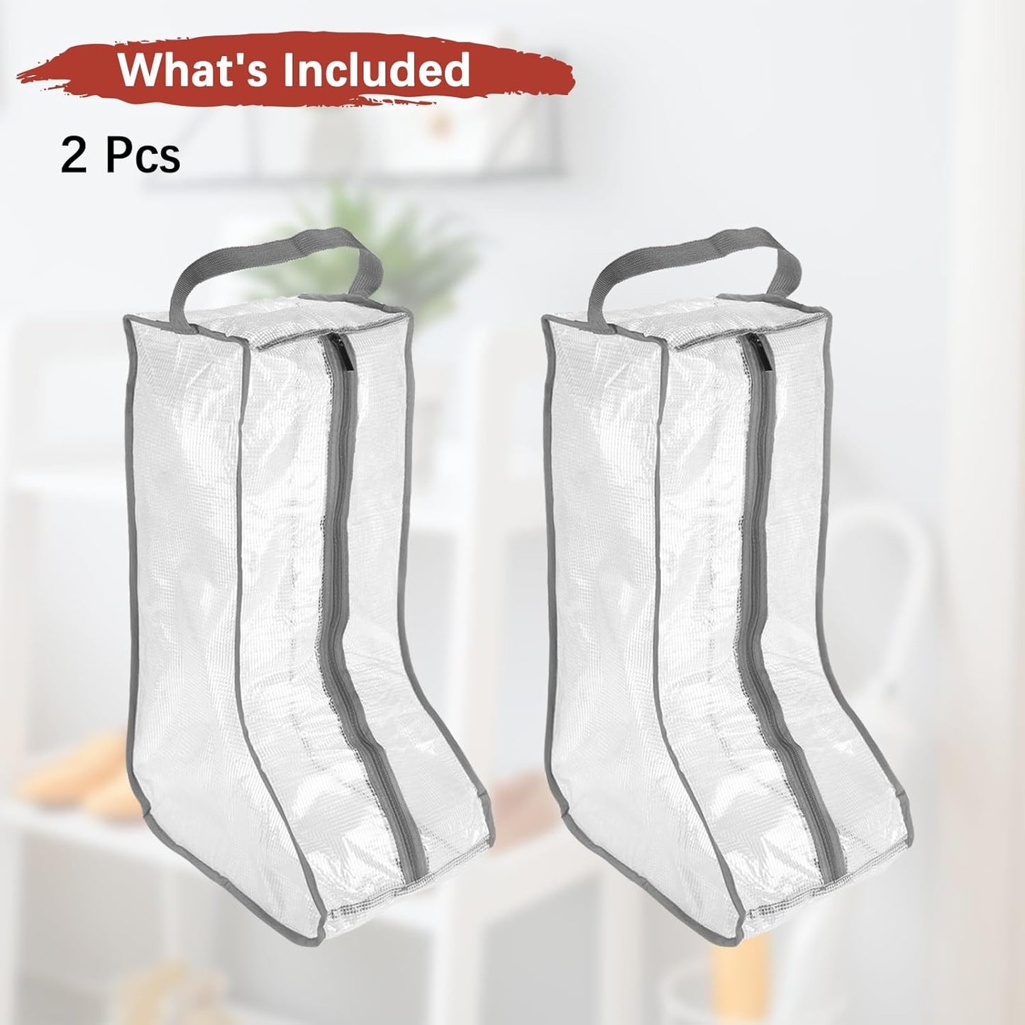 Boot Storage Bags [2PCS] - Plastic Tall Boot Carry Bags Clear Shoe Bags with Handle for Travel & Daily Use - [Gray] Waterproof & DustProof Boot Bags for Cowboy Boots