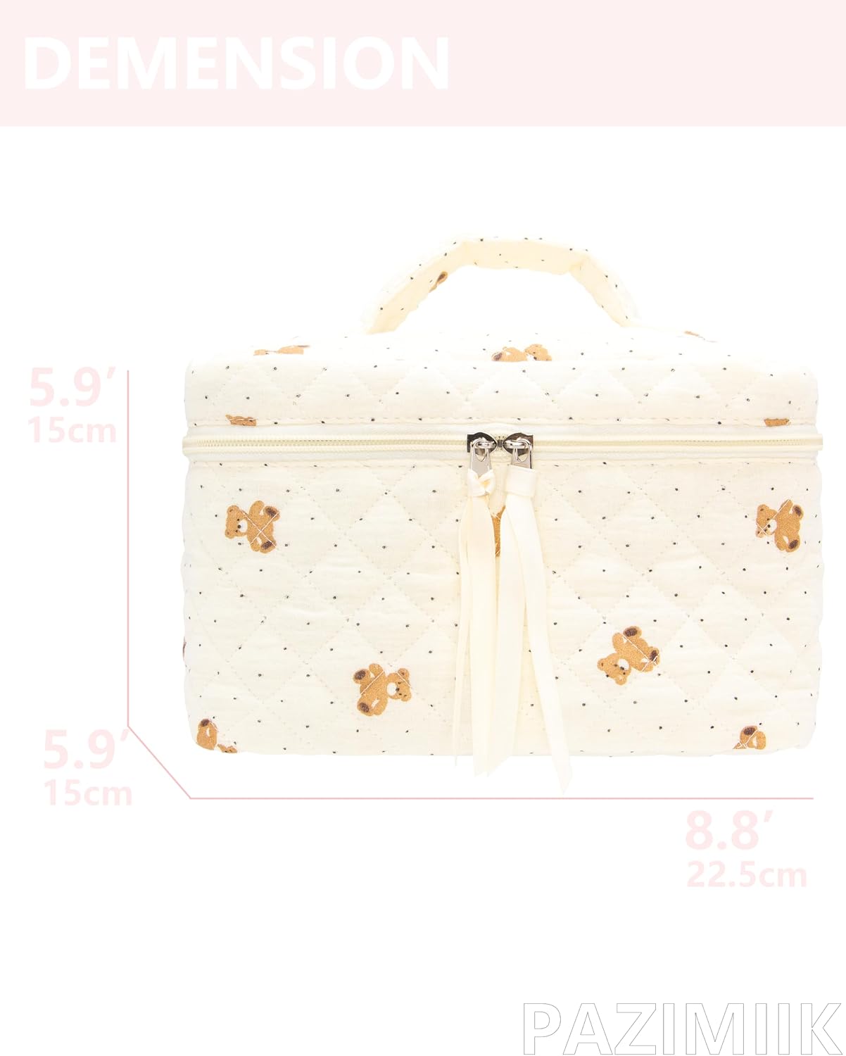PAZIMIIK Quilted Makeup Bag Large Travel Zipper Soft Cosmetic Case for Women Girls Make Up,Gauze Bear