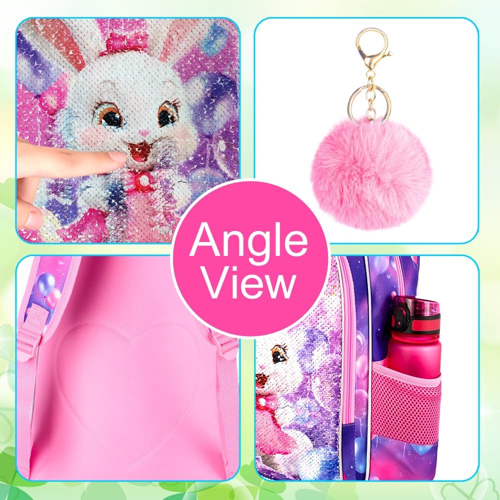 16" Bunny Backpack, 3Pcs Girls Sequin Bookbag for Elementary Preschool Kindergarten, Kids School Backpacks with Lunch Box(Pink)