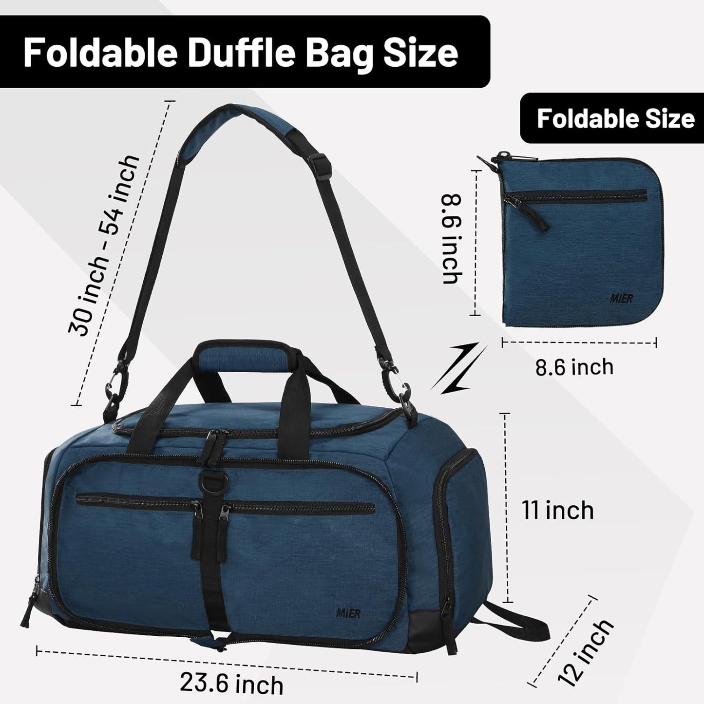 MIER Foldable Duffle Bag with Shoe Compartment 50L Travel Duffel Bags for Men Women Packable Overnight Bag for Camping Gym Weekender, Drak Blue