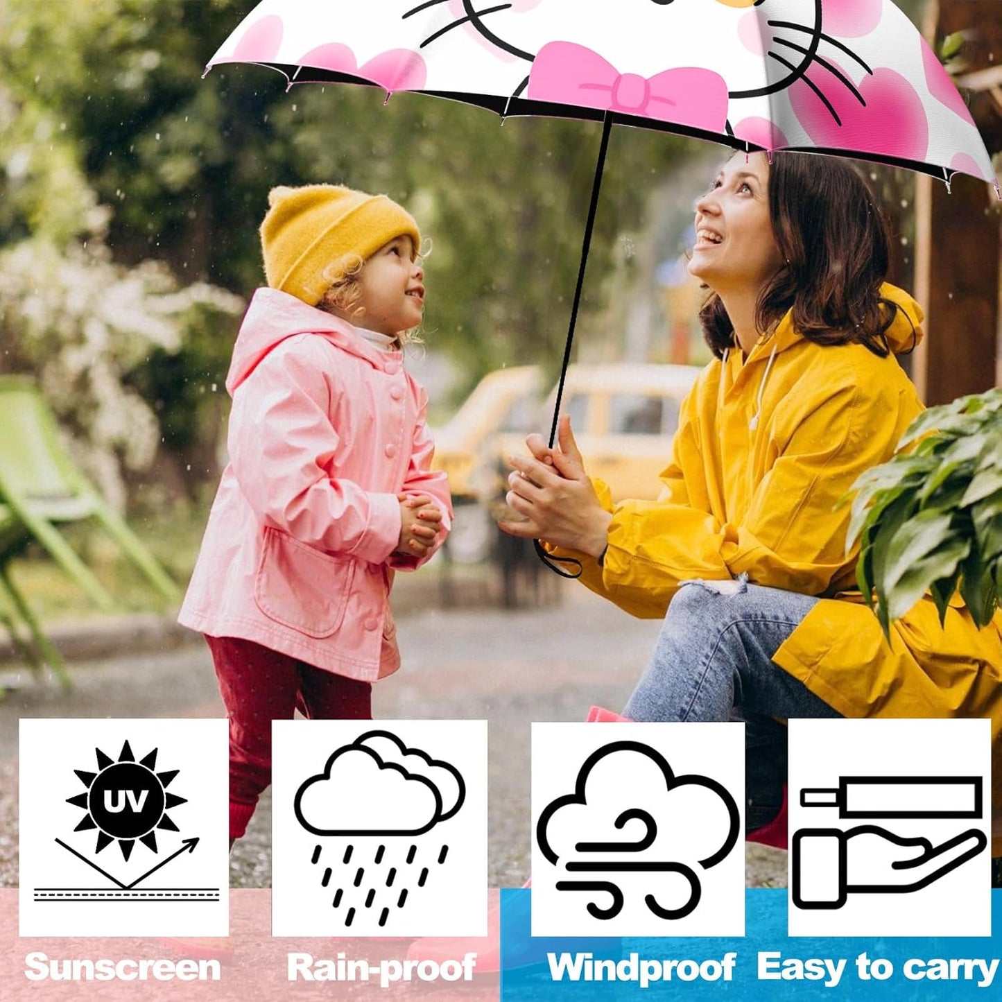 Small Travel Folding Umbrella for Girl, Portable, UV, SunShade, Compact, Automatic, Rain & Wind